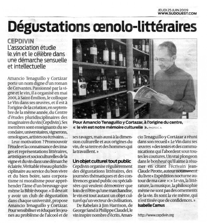 Dégustations oenolo-littéraires. Sud Ouest 25/06/2009.