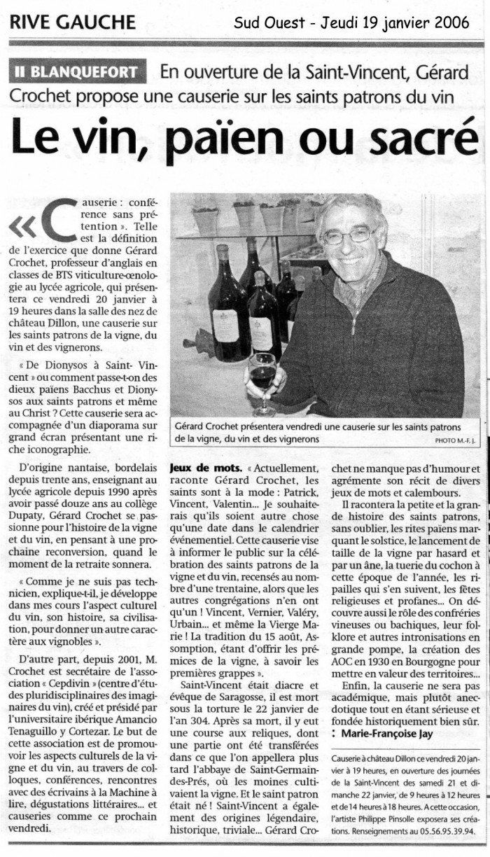 Le vin, païen ou sacré. Sud Ouest 19/01/2013