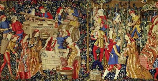 Les Vendanges, Pays-Bas du Sud, début du XVIe siècle.  Laine et soie, 2,46 m / 4,95 m.  Cette tapisserie faisait partie d'une tenture "mille fleurs".  Source : Musée de Cluny, Paris.